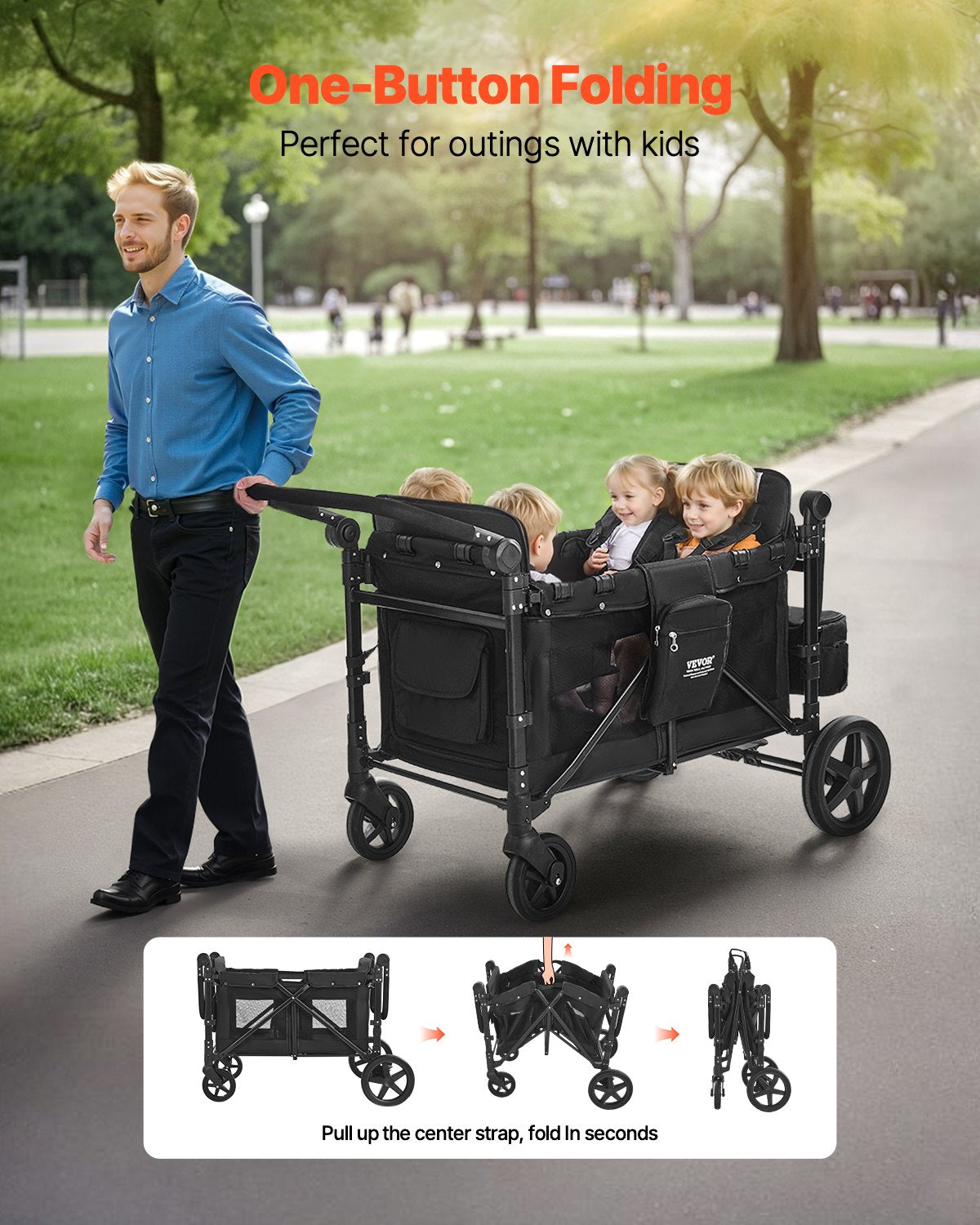 VEVOR Wagon Stroller for 4 Kids, Push Pull Quad Collapsible Stroller
