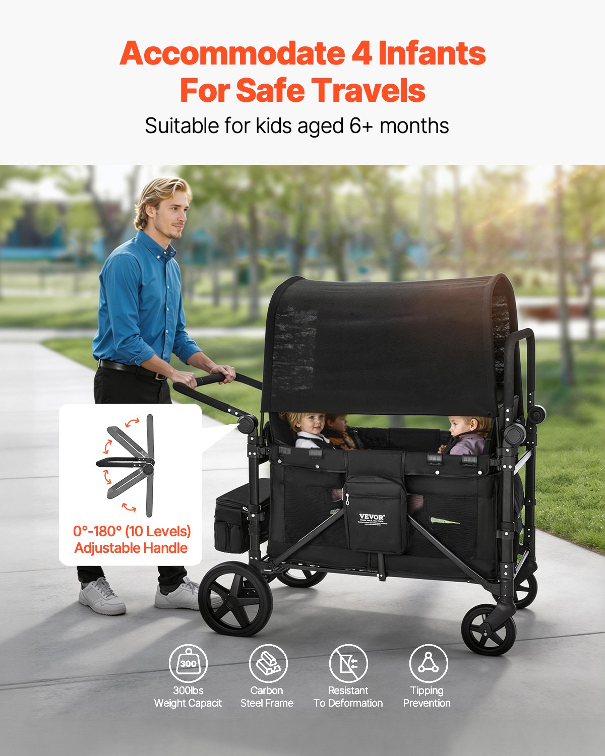 VEVOR Wagon Stroller for 4 Kids, Push Pull Quad Collapsible Stroller