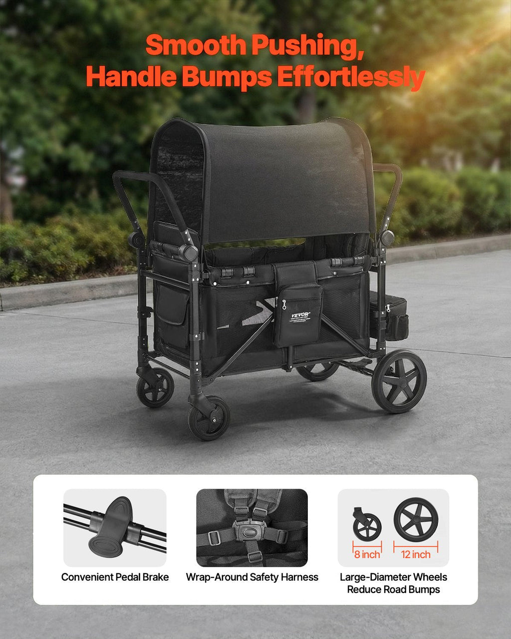 VEVOR Wagon Stroller for 4 Kids, Push Pull Quad Collapsible Stroller