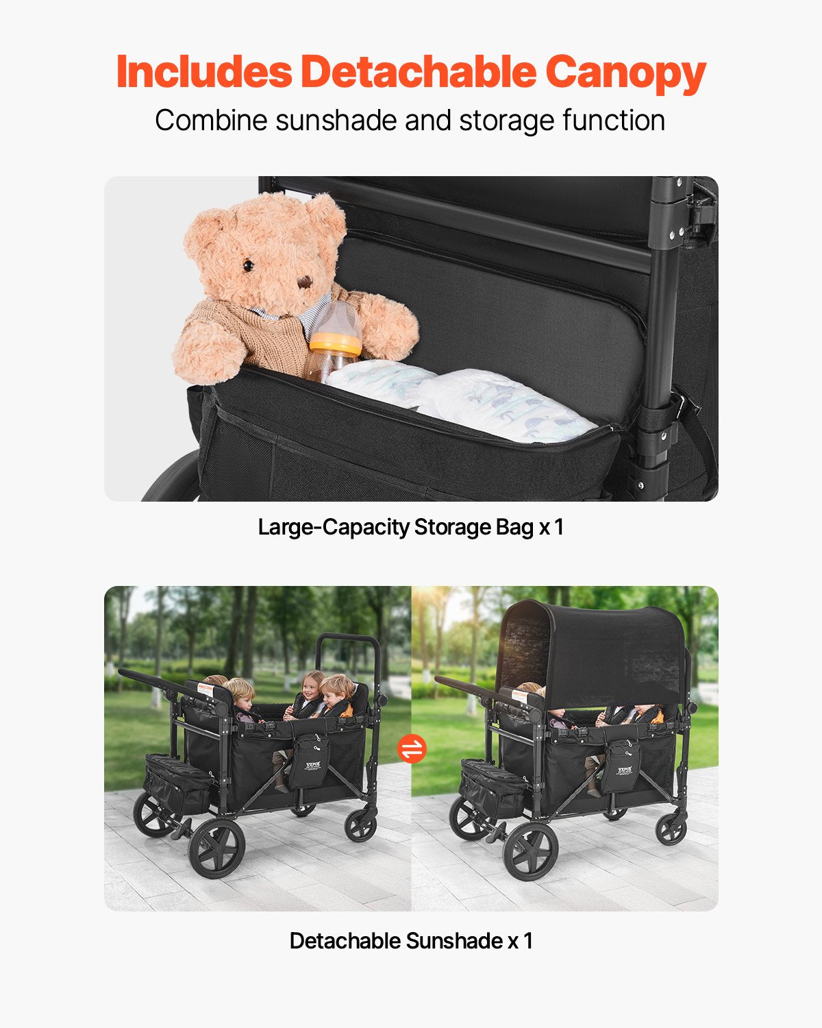 VEVOR Wagon Stroller for 4 Kids, Push Pull Quad Collapsible Stroller