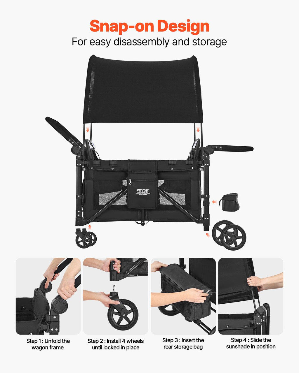 VEVOR Wagon Stroller for 4 Kids, Push Pull Quad Collapsible Stroller