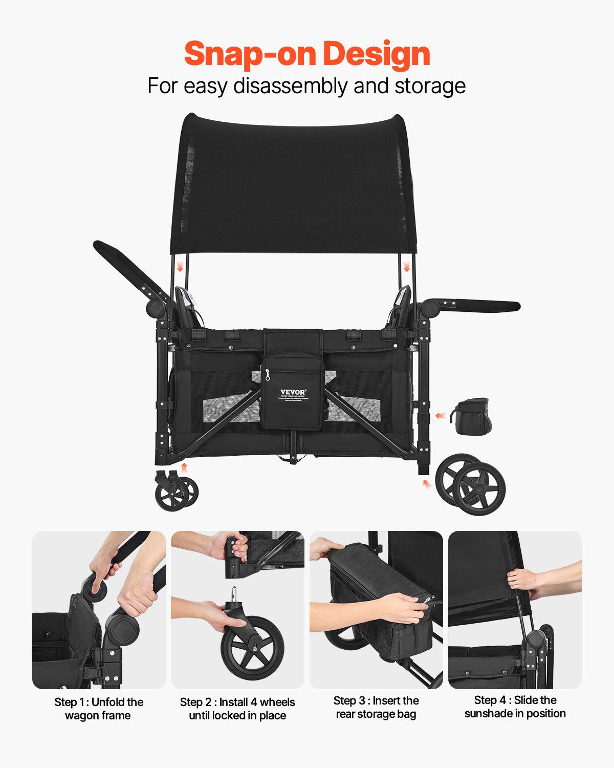 VEVOR Wagon Stroller for 4 Kids, Push Pull Quad Collapsible Stroller