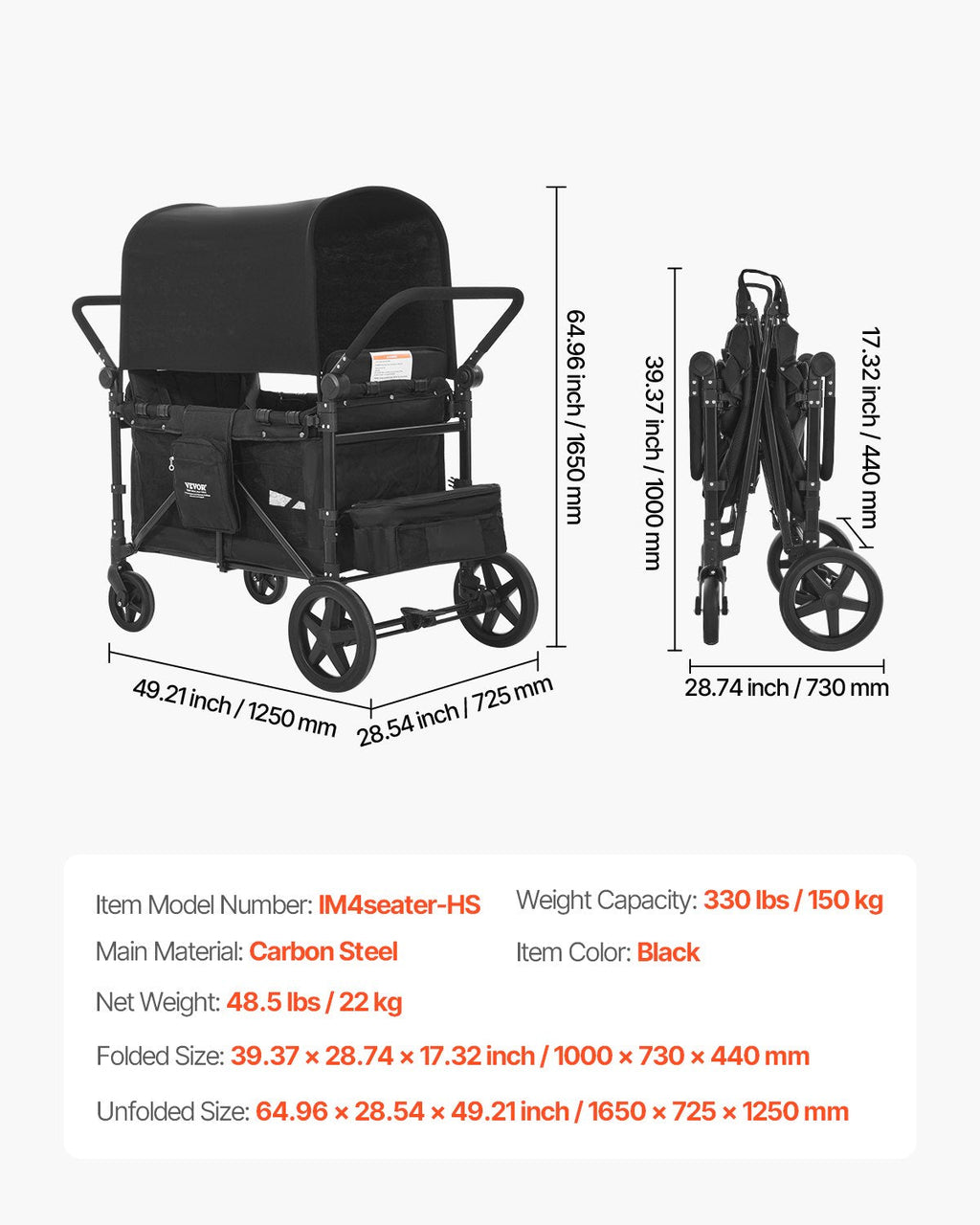VEVOR Wagon Stroller for 4 Kids, Push Pull Quad Collapsible Stroller