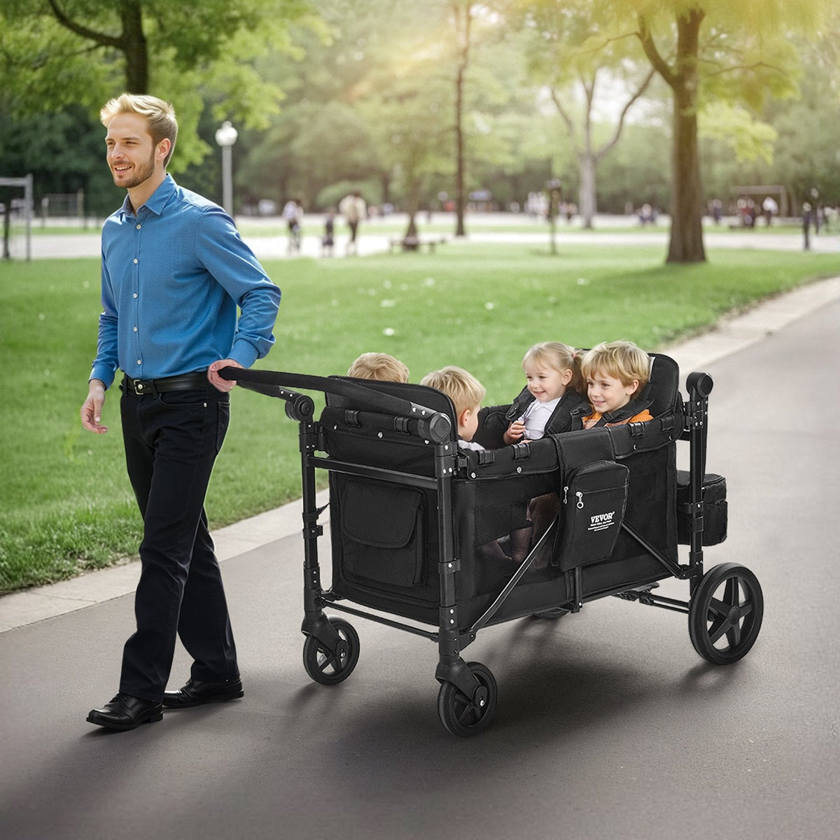 VEVOR Wagon Stroller for 4 Kids, Push Pull Quad Collapsible Stroller